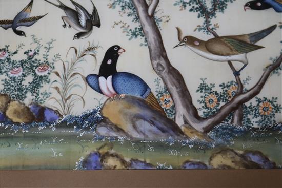 19th century Chinese School, pair of gouache on pith paper, studies of birds and flowers, 17 x 30cm